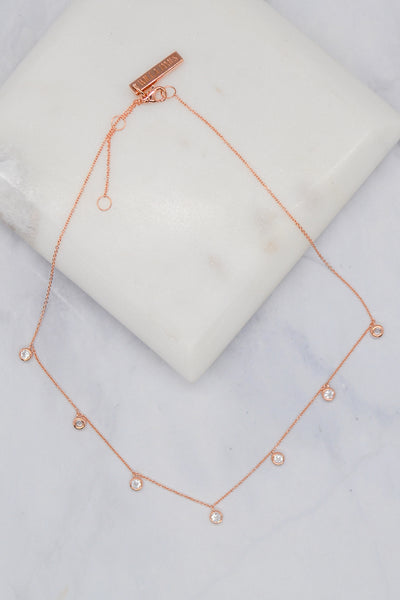 Corinthians Collection 14K Rose Gold 14” + 2” Faceted Clear Quartz Dangle Choker Necklace