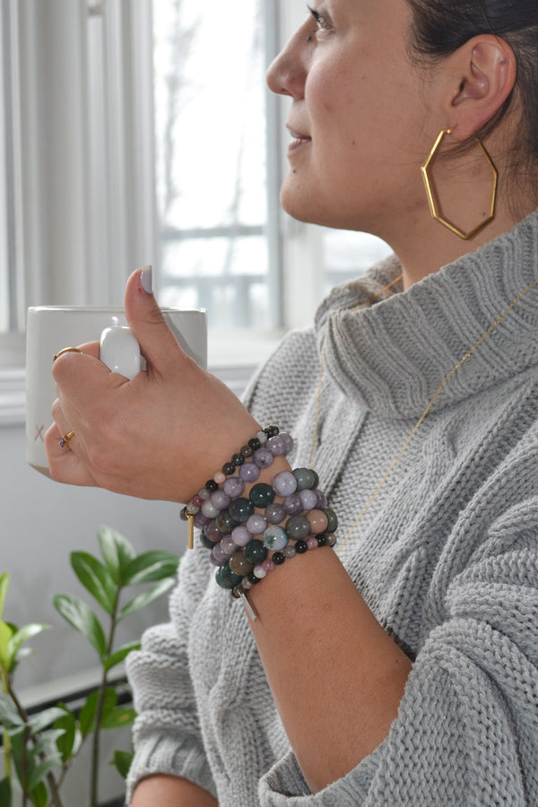 Tranquil Mind and Serenity White Rhodium Plate Bold 12mm Indian Agate Gemstone Stretch Bracelet