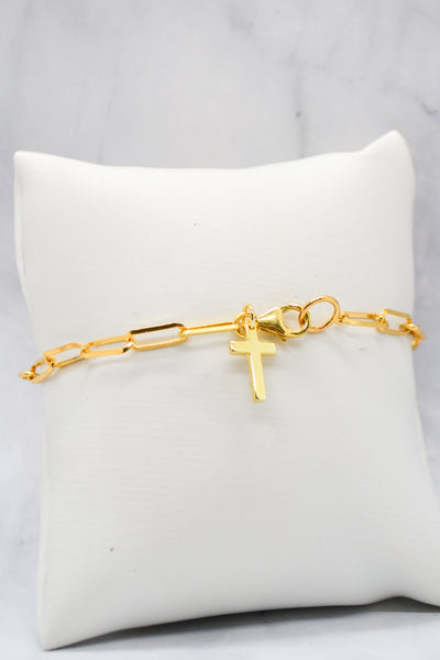 John Collection 14K Gold Plate Polished Paperclip Chain Cross Dangle Bracelet