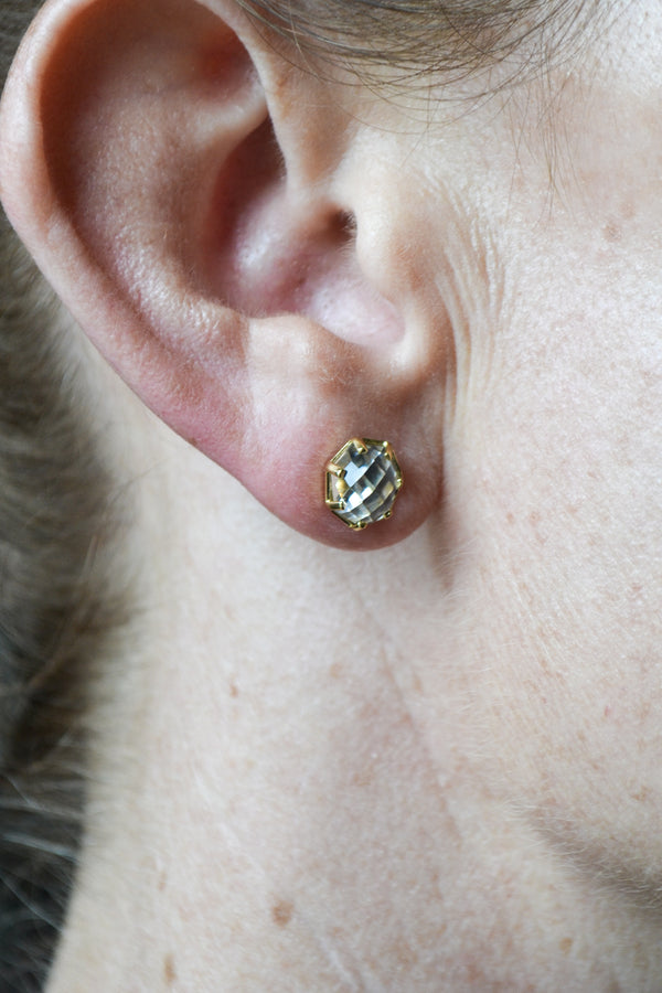 Corinthians Collection 14K Gold Plate 7-Sided Clear Quartz Rose Cut Stud Earrings