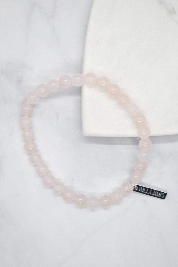 Love and Devotion White Rhodium Plate Polished Rose Quartz Stretch Bracelet