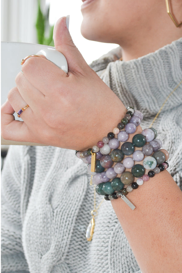 Tranquil Mind and Serenity 14K Gold Plate Bold 12mm Indian Agate Stretch Bracelet