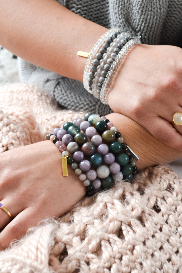 Harmony and Reconciliation White Rhodium Plate Grey Jasper Stretch Bracelet