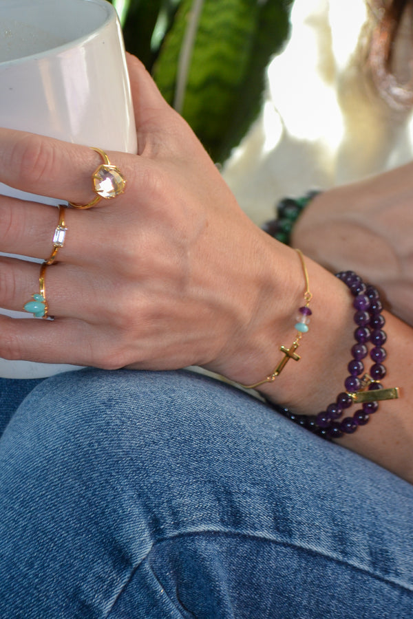 Ecclesiastes Collection 14K Gold Plate Polished Cross Triple Gem Adjustable Bola Bracelet
