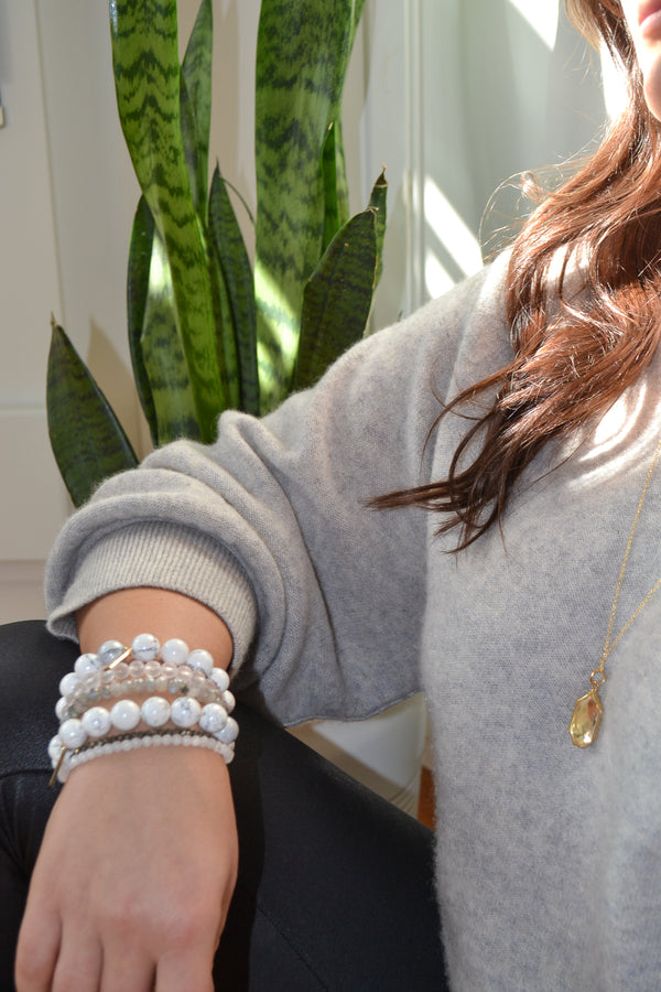 Tranquil Mind and Serenity White Rhodium Plate 12mm Polished Howlite Stretch Bracelet