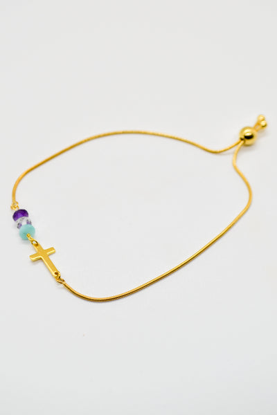 Ecclesiastes Collection 14K Gold Plate Polished Cross Triple Gem Adjustable Bola Bracelet