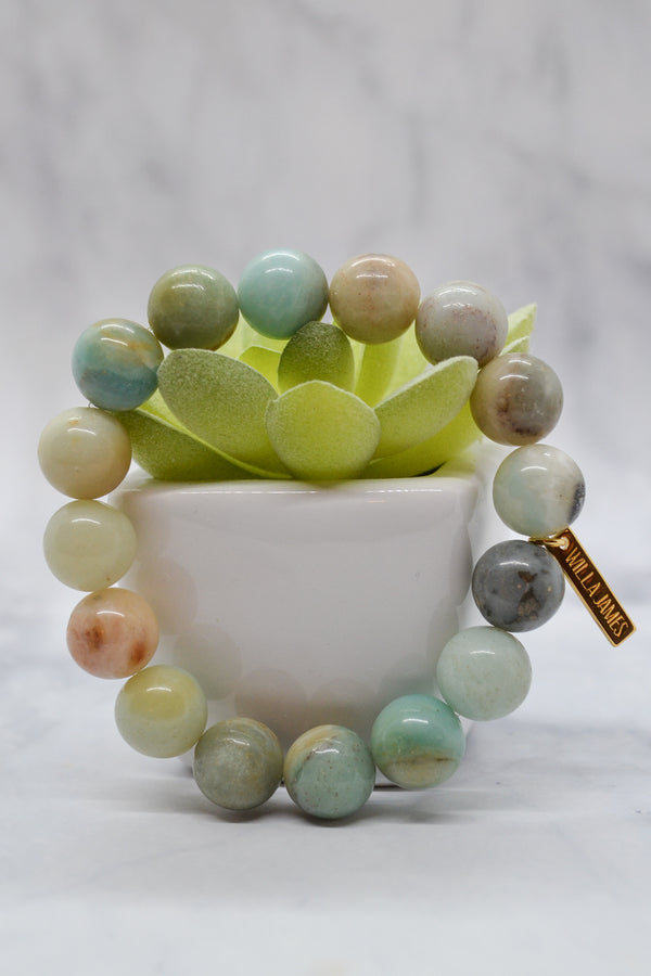 Congratulations and Praise 14K Gold Plate 12mm Polished Amazonite Gemstone Stretch Bracelet