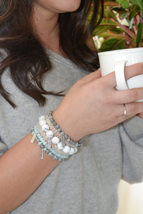 Motherhood Collection White Rhodium Plate Sterling Silver Amazonite and Grey Jasper Stretch Bracelet
