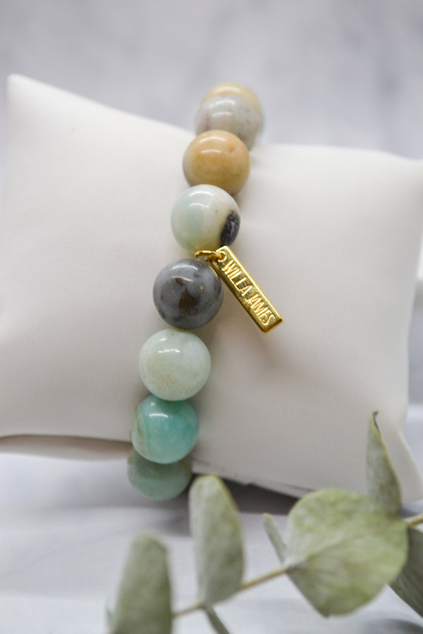 Congratulations and Praise 14K Gold Plate 12mm Polished Amazonite Gemstone Stretch Bracelet
