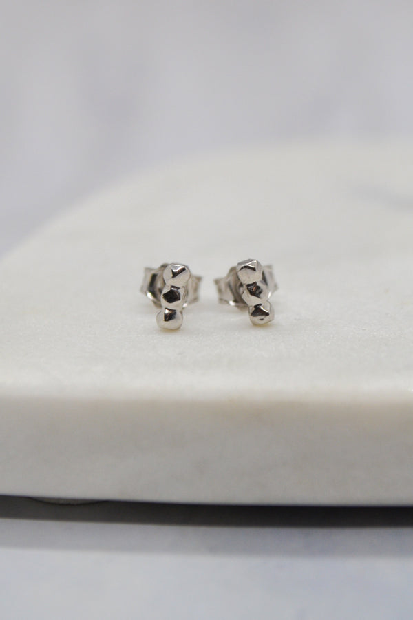 Luke Collection White Rhodium Plate Petite 3 Bead Bar Stud Earrings