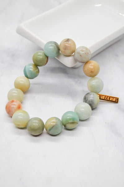Congratulations and Praise 14K Gold Plate 12mm Polished Amazonite Gemstone Stretch Bracelet
