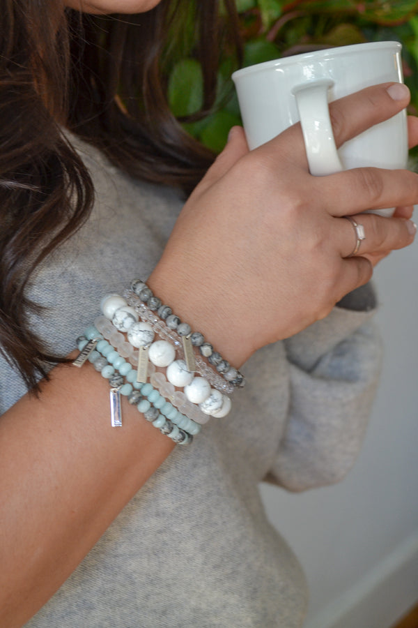 Strength and Courage White Rhodium Plate Amazonite Faceted Rondelle Stretch Bracelet