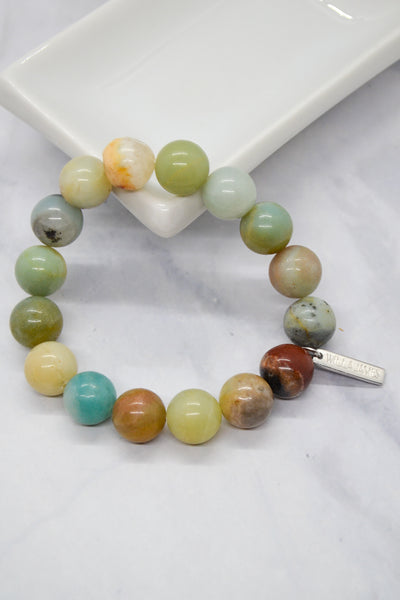 Congratulations and Praise White Rhodium Clad 12mm Amazonite Stretch Bracelet