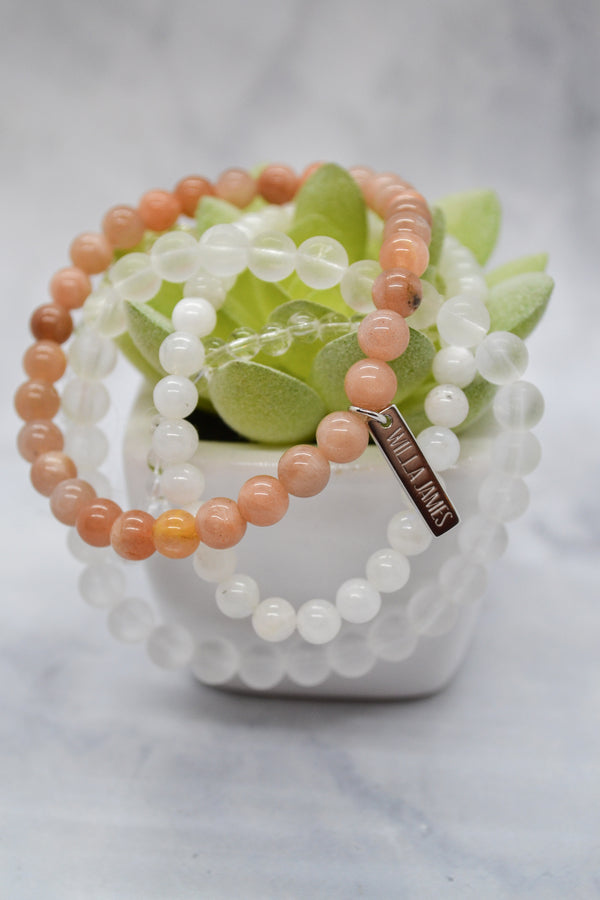 Confidence and Self-Esteem White Rhodium Plate Set of 4 Gemstone Stretch Bracelets