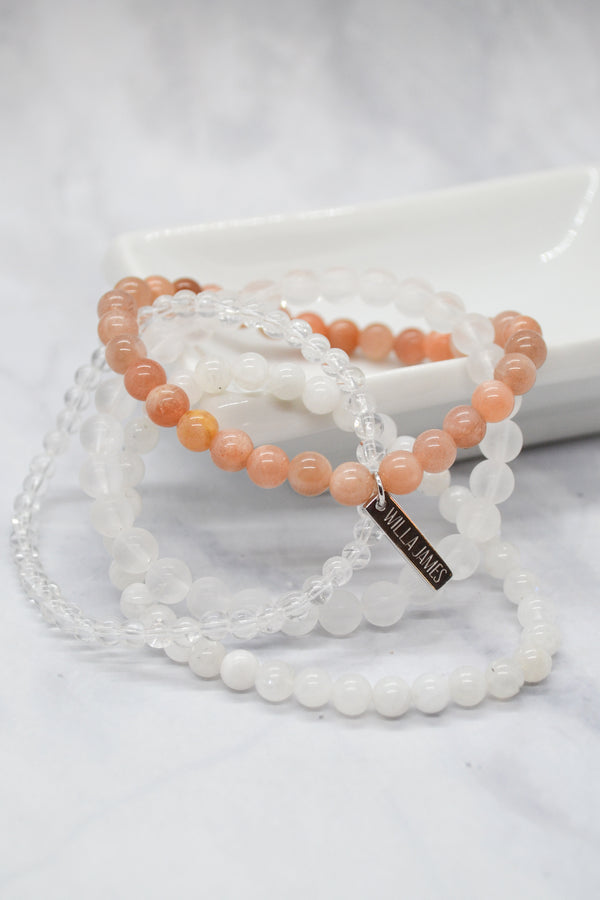 Confidence and Self-Esteem White Rhodium Plate Set of 4 Gemstone Stretch Bracelets