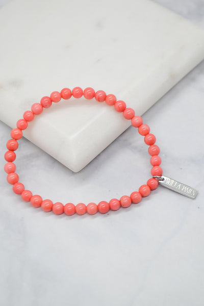 Gratitude + Thankfulness White Rhodium Plate 5mm Coral Stretch Bracelet