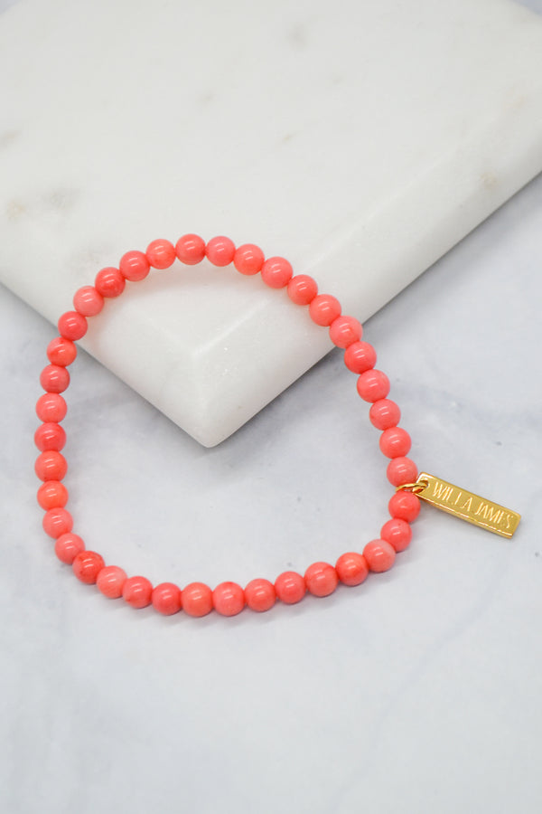 Gratitude + Thankfulness 14K Gold Plate 5mm Coral Stretch Bracelet