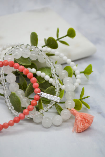 Gratitude + Thankfulness White Rhodium Plate Coral, Jade and Quartz Bracelet Set