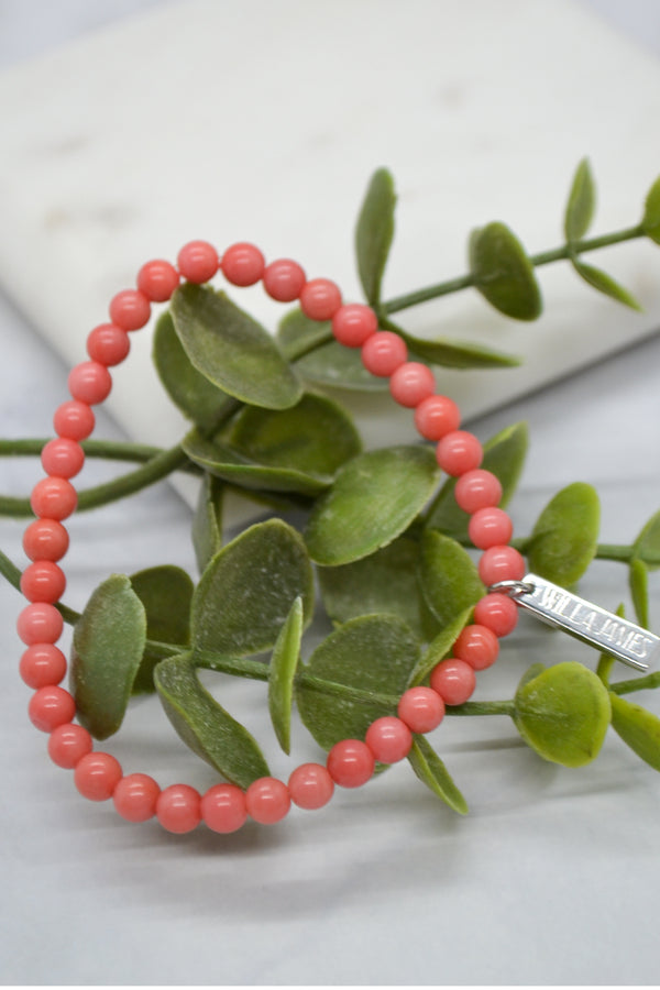 Gratitude + Thankfulness White Rhodium Plate 5mm Coral Stretch Bracelet