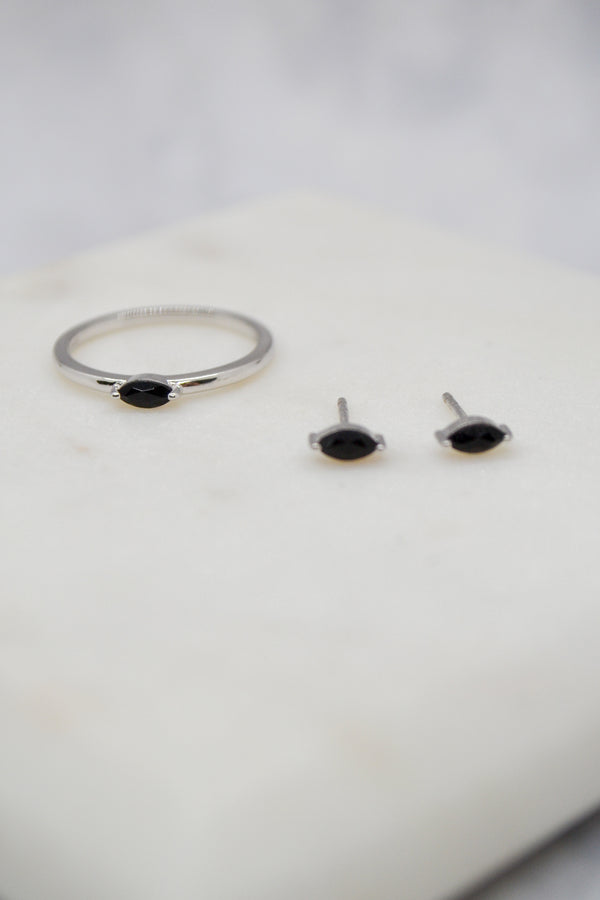 Luke Collection White Rhodium Plate Petite Marquise Onyx Stud Earrings