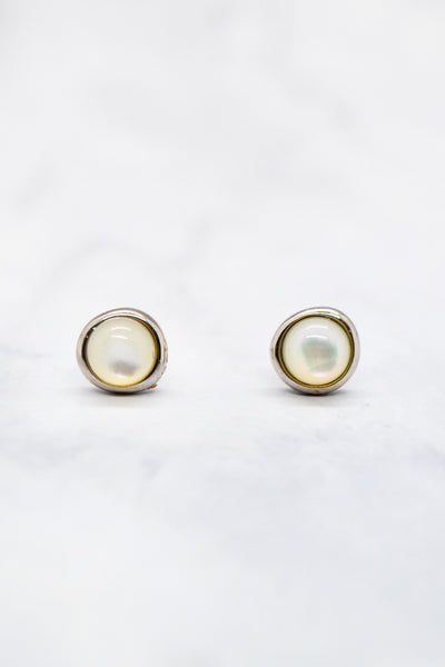 Proverbs Collection White Rhodium Plate Mother of Pearl Doublet Organic Bezel Earrings