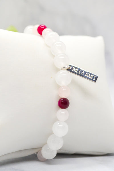 Sisterhood Collection White Rhodium Plate White Jade, Rose Quartz and Hot Pink Agate Stretch Bracelet