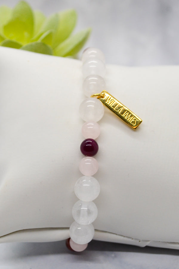 Sisterhood Collection 14K Plate White Jade, Rose Quartz and Pink Banded Agate Stretch Bracelet
