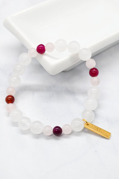Sisterhood Collection 14K Plate White Jade, Rose Quartz and Pink Banded Agate Stretch Bracelet