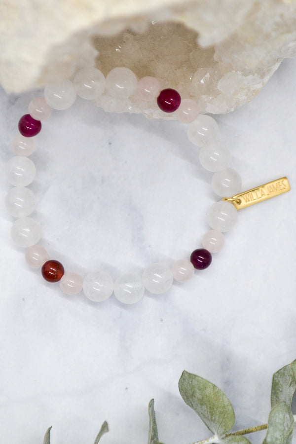 Sisterhood Collection 14K Plate White Jade, Rose Quartz and Pink Banded Agate Stretch Bracelet
