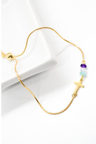 Ecclesiastes Collection 14K Gold Plate Polished Cross Triple Gem Adjustable Bola Bracelet