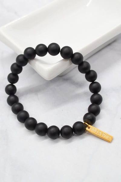 Strength and Courage 14K Gold Plate 8mm Round Matte Black Agate Stretch Bracelet