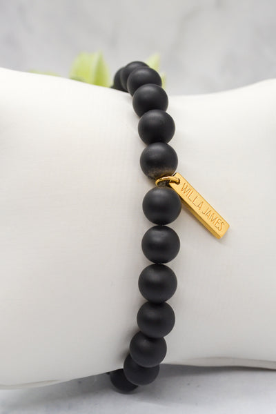 Strength and Courage 14K Gold Plate 8mm Round Matte Black Agate Stretch Bracelet