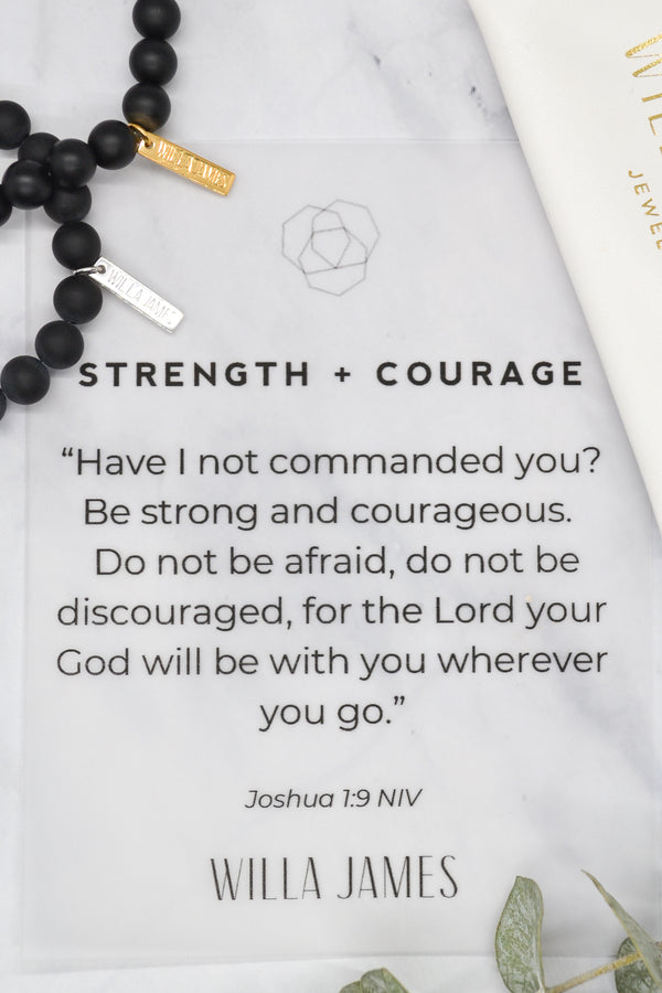 Strength and Courage 14K Gold Plate 8mm Round Matte Black Agate Stretch Bracelet