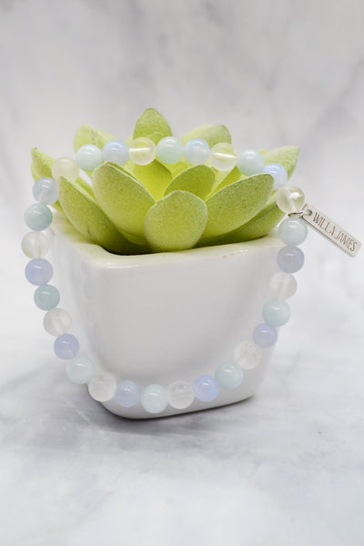 Motherhood Collection White Rhodium Plate Aquamarine, Blue Lace Agate and Clear Quartz Bracelet