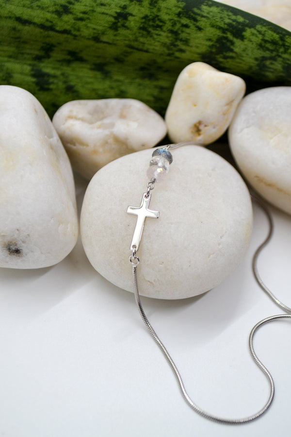 Ecclesiastes Collection White Rhodium Plate Polished Cross Triple Gem Adjustable Bola Bracelet