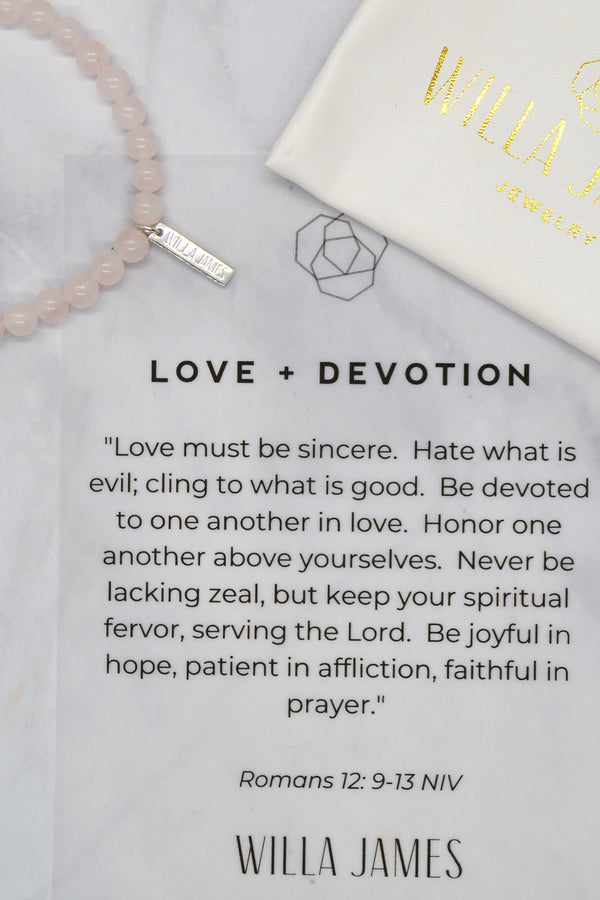 Love and Devotion White Rhodium Plate Polished Rose Quartz Stretch Bracelet