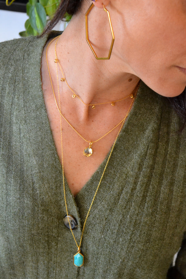 Corinthians Collection 14K Gold Plate 15” + 2” Extender 7-Sided Clear Quartz Rose Cut Pendant Necklace