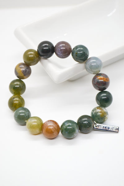 Tranquil Mind and Serenity White Rhodium Plate Bold 12mm Indian Agate Gemstone Stretch Bracelet