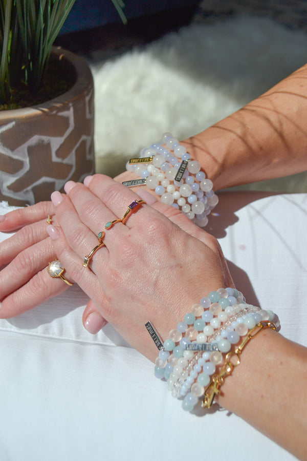Hope and Faith White Rhodium White Jade, Blue Lace Agate and Moonstone Bracelet Set