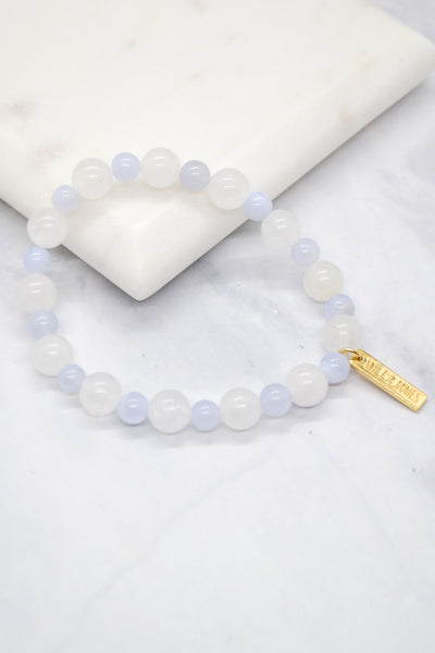 Hope and Faith 14K Gold Plate White Jade and Blue Lace Agate Stretch Bracelet