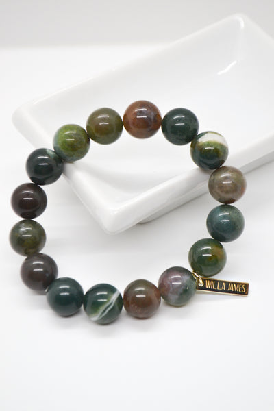 Tranquil Mind and Serenity 14K Gold Plate Bold 12mm Indian Agate Stretch Bracelet