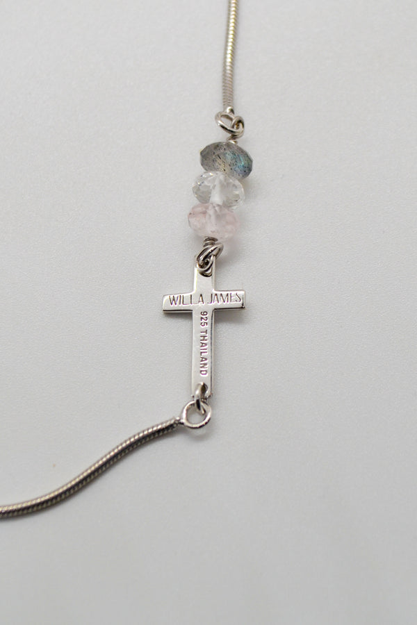 Ecclesiastes Collection White Rhodium Plate Polished Cross Triple Gem Adjustable Bola Bracelet