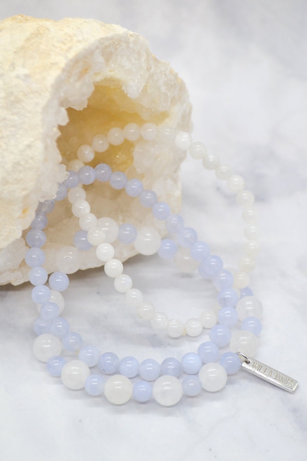 Hope and Faith White Rhodium White Jade, Blue Lace Agate and Moonstone Bracelet Set