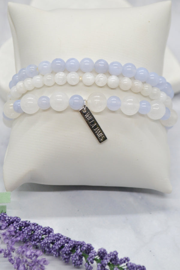 Hope and Faith White Rhodium White Jade, Blue Lace Agate and Moonstone Bracelet Set