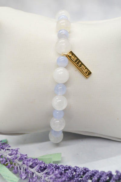 Hope and Faith 14K Gold Plate White Jade and Blue Lace Agate Stretch Bracelet