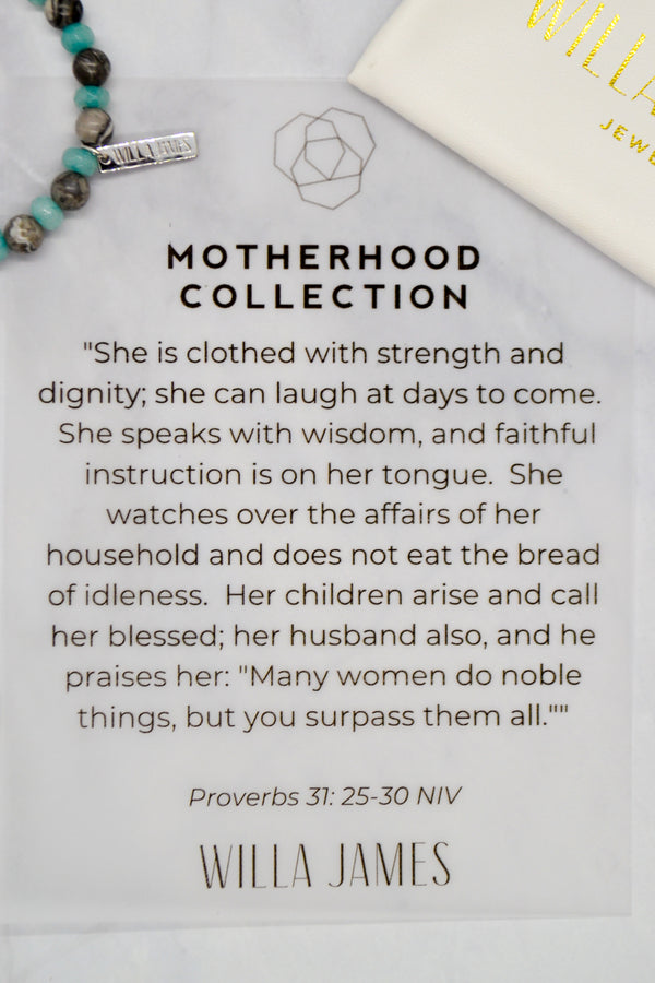 Motherhood Collection White Rhodium Plate Sterling Silver Amazonite and Grey Jasper Stretch Bracelet