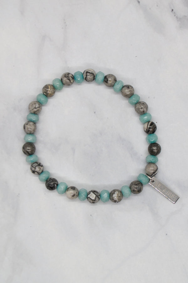 Motherhood Collection White Rhodium Plate Sterling Silver Amazonite and Grey Jasper Stretch Bracelet
