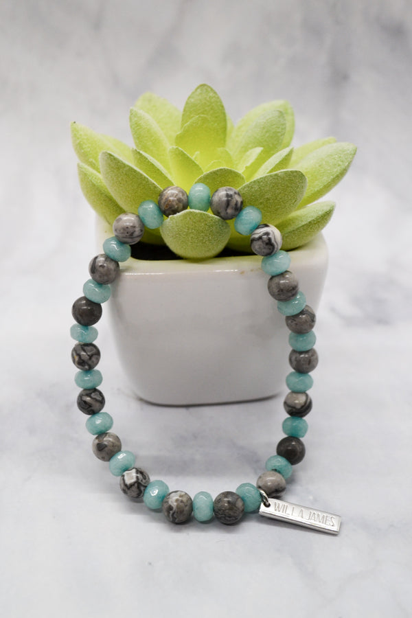 Motherhood Collection White Rhodium Plate Sterling Silver Amazonite and Grey Jasper Stretch Bracelet