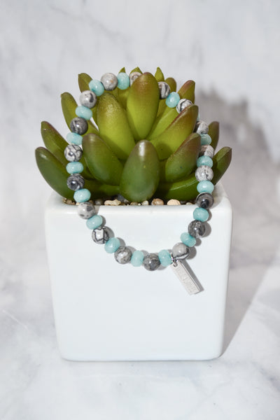 Motherhood Collection White Rhodium Plate Sterling Silver Amazonite and Grey Jasper Stretch Bracelet