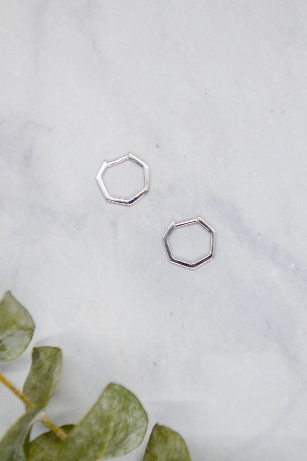James Collection White Rhodium Plate 12mm Heptagon Huggie Hoop Earrings